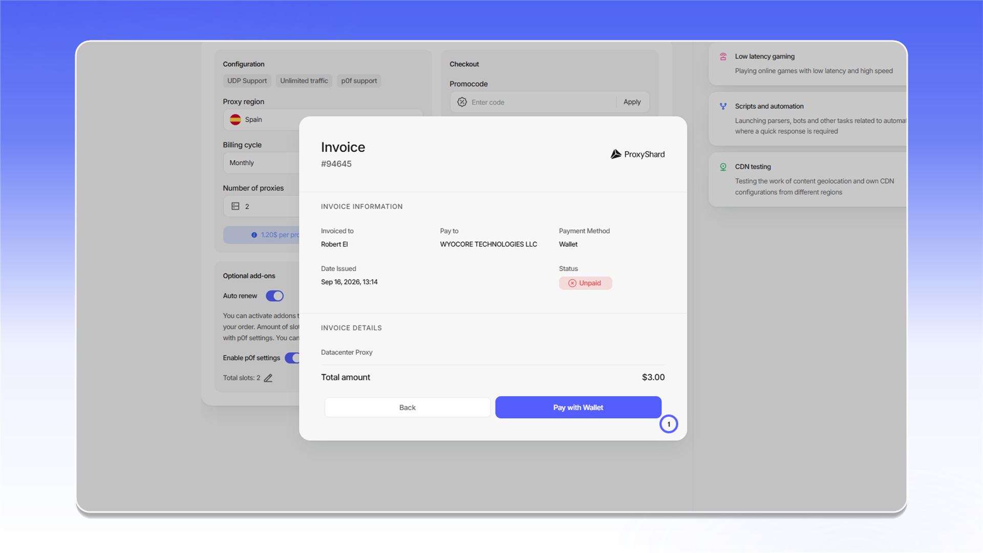 Оплата счета с баланса ProxyShard