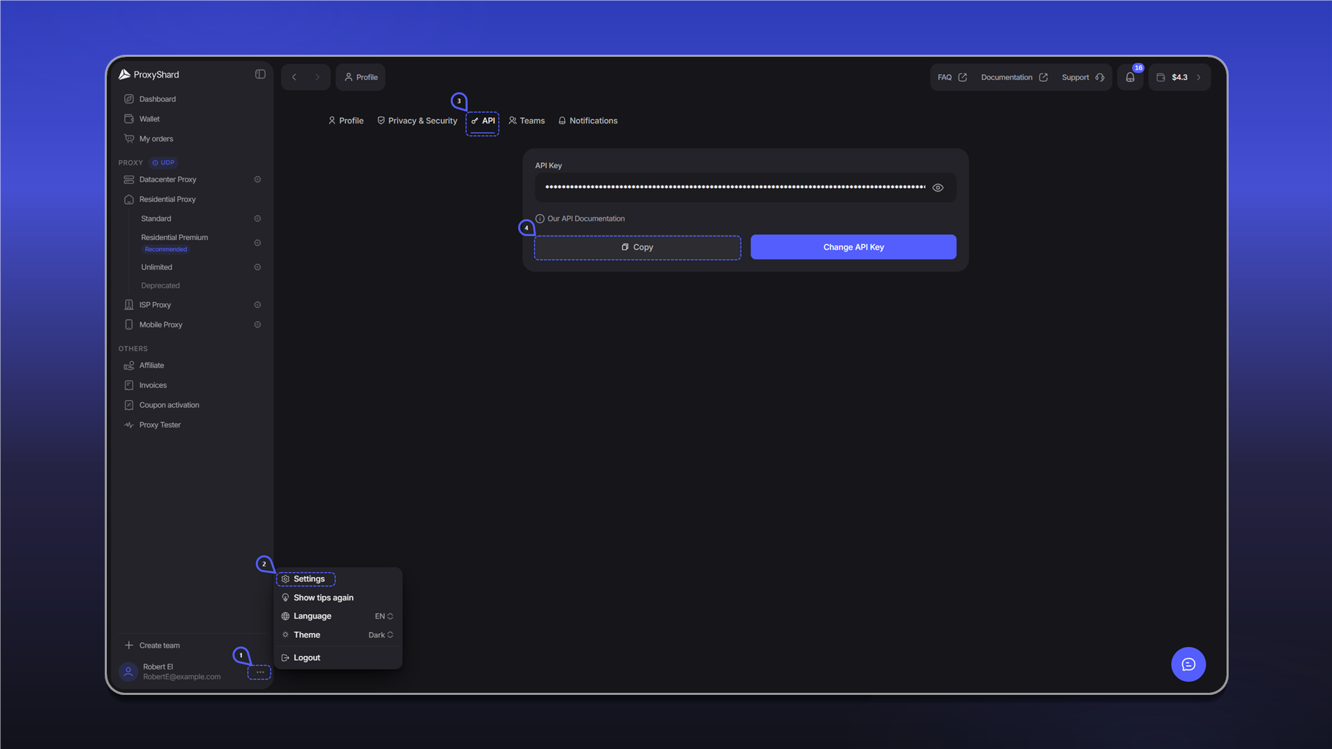 Получение API-ключа в личном кабинете ProxyShard