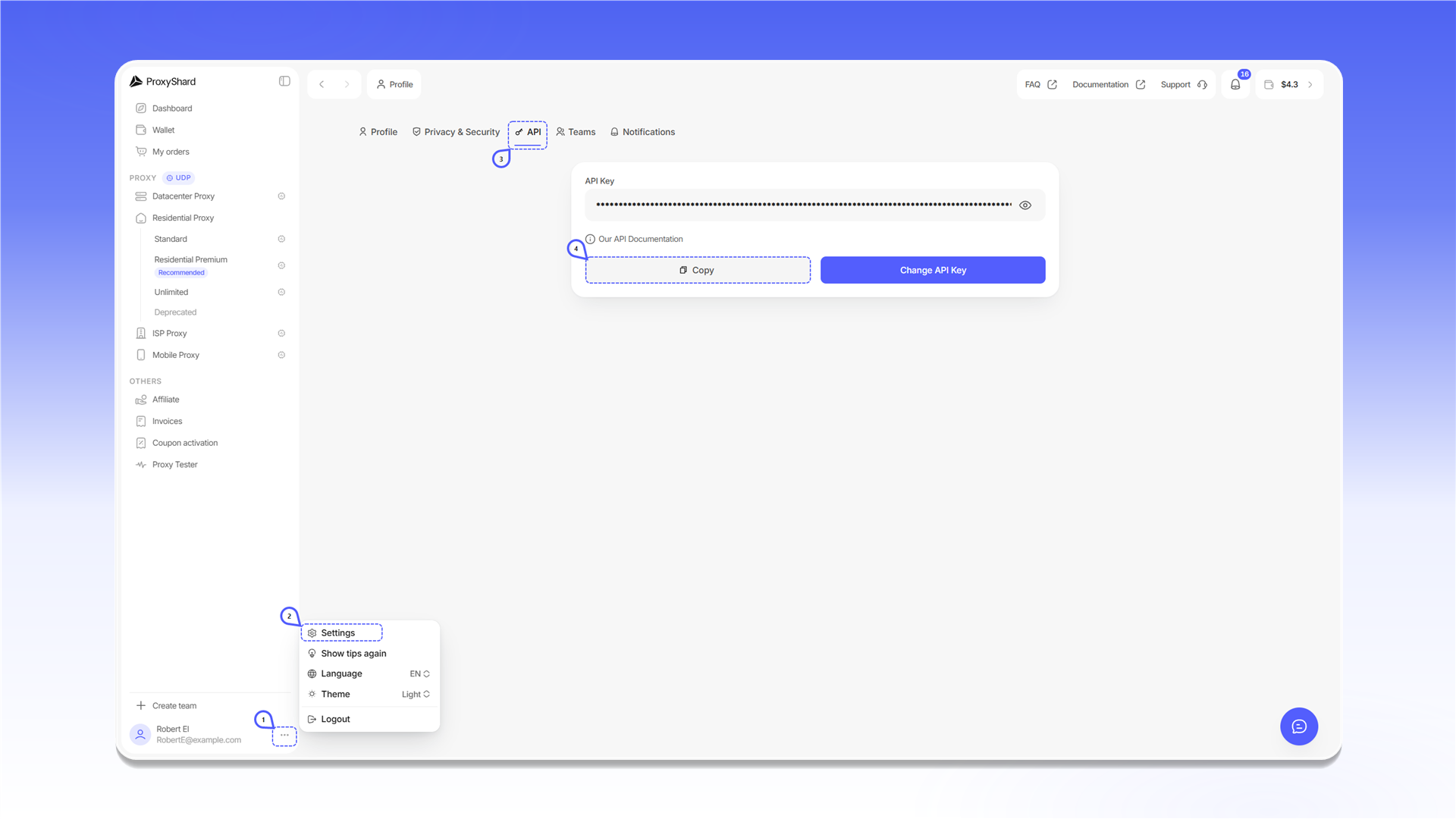 Получение API-ключа в личном кабинете ProxyShard
